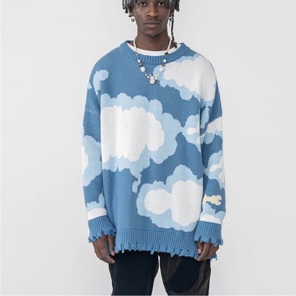 Harsh and Cruel Blue Sky Clouds Ripped Knitted Sweater Size Large - Picture 3 of 13